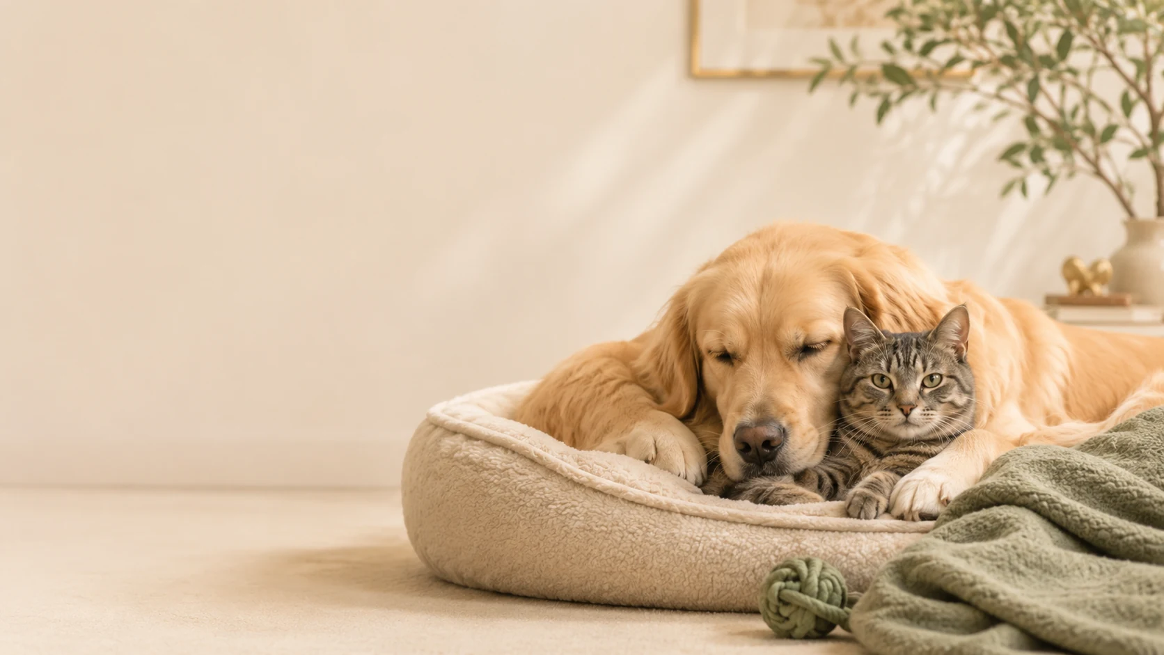 金毛犬与灰猫依偎在毯子上